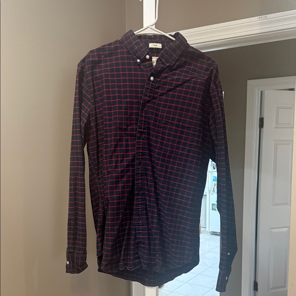J. Crew Men's Dark Blue and Red Plaid Shirt